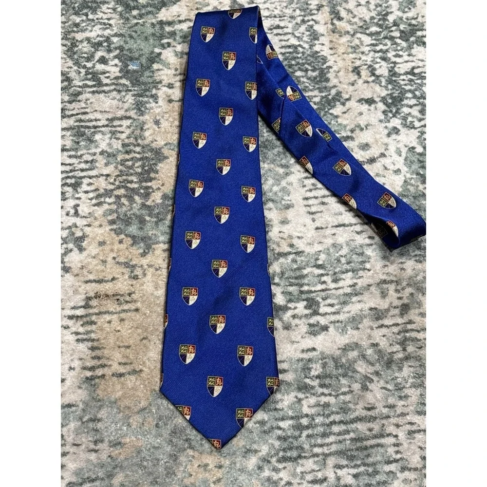 Genuine Polo Ralph Lauren Club Silk Tie - Blue With Shields Hand Made Silk USA